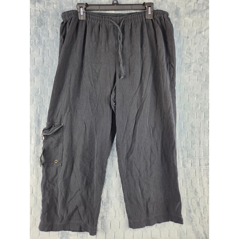 Chicos Black Cotton Gauze Cargo Pants Elastic Waist Size 2 Large Straight Leg
